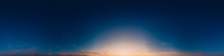 360 panorama of dark blue sunset sky with bright pink Cirrus clouds. HDR 360 seamless spherical panorama. Full zenith or sky dome sky replacement for aerial drone panoramas. Climate and weather changeの写真素材