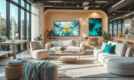 AI-enhanced lounge for remote work with smart assistants, ergonomic seating, and modern decor. The lounge includes plush chairs, a minimalistの素材