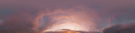 Sunset sky with bright glowing pink Cumulus clouds. Seamless spherical HDR 360 panorama. Full zenith...