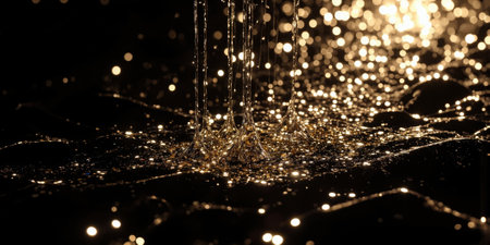A cascade of shimmering sequins rains down diagonally across a glossy black surface, catching the light like tiny mirrors; slow-motionの素材
