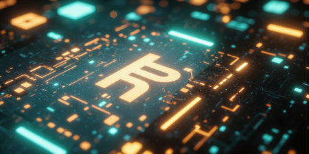A close-up of a custom cryptocurrency symbol carved into a glowing digital surface, surrounded by blockchain nodes and high-tech encryptionの素材