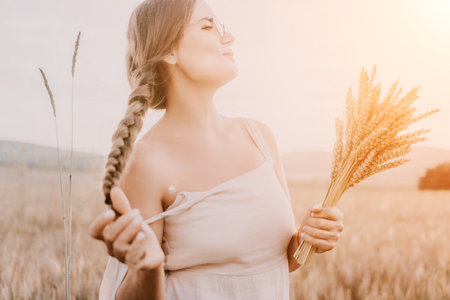 Woman wheat field. Woman farmer check golden ripe barley spikes in cultivated field. A woman is holding a bunch of wheat in her arms.の写真素材