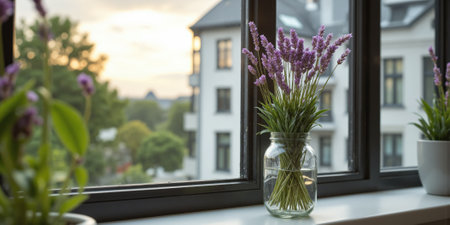 A single lavender sprig resting in a small, clear glass jar on a windowsill, the lavenders soft purple hues contrastingの素材