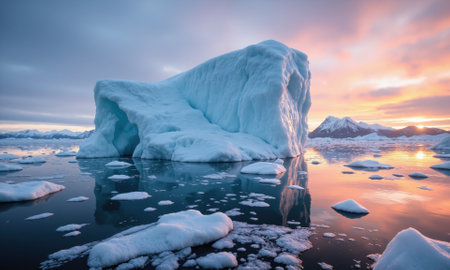 Iceberg in arctic waters, midnight sun, pastel orange and blue sky, reflection, rule of thirdsの素材