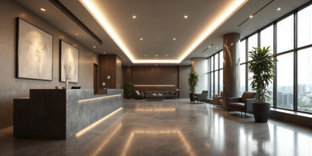 Luxury waiting lounge with a contemporary metal reception desk, velvet seating, and minimalist decor. Soft ambient lighting and focused taskの素材