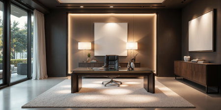 Luxury office with a glass desk, plush chair, and soft accent lighting. Task lighting focuses on the desk, while recessedの素材