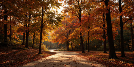 Autumn Forest Pathway with Falling Leaves A winding forest path, covered in a blanket of golden and crimson leaves, meandersの素材