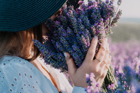 Woman in a Hat Sniffing Lavender Flowersの写真素材
