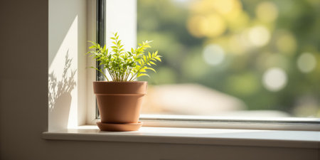 A small, delicate fern plant sitting in a clay pot on a windowsill, its feathery green fronds gently unfurlingの素材
