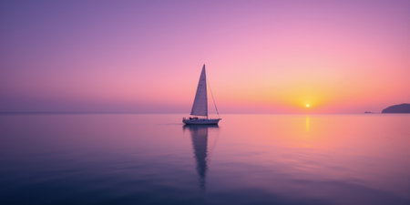 Lone classic sailboat silhouette on distant horizon, pastel purple, pink, and orange sunset sky, perfectly calm sea creating mirror reflectionの素材