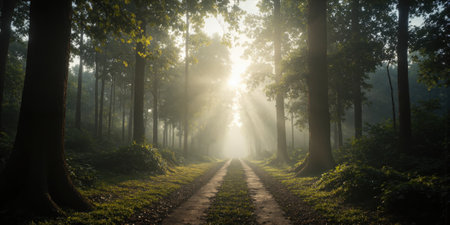 Foggy Forest Path with Soft Morning Light A mysterious forest path is shrouded in early morning fog, with soft beamsの素材
