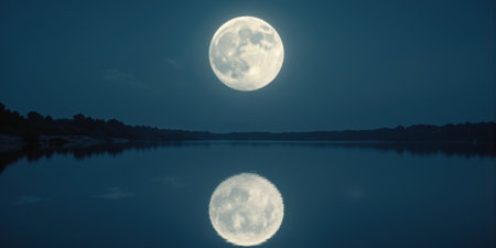 Surreal Moon Reflection Pool An impossibly large full moon hangs low on the horizon, perfectly reflected in a still bodyの素材