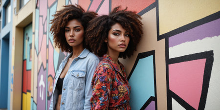 Street Fashion Diversity Urban fashion photography featuring stylish individuals from different cultural backgrounds posing against colorful city murals and textured backdrops. Uniqueの素材