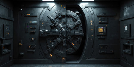 Ultra-secure bank vault with thick steel doors A high-tech bank vault featuring thick, reinforced steel doors and biometric security panels.の素材