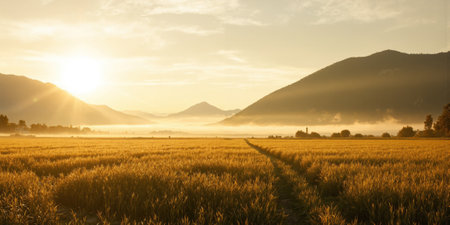 Golden Fields Under Soft Morning Light Expansive golden fields under the gentle glow of morning light, with soft mist risingの素材