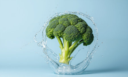 A perfectly textured broccoli floret surrounded by fresh water splashes and tiny droplets frozen mid-air, vibrant green colors emphasized byの素材