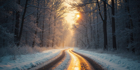 A single road covered in snow, leading into a forest, with a soft golden glow from a distant sunriseの素材