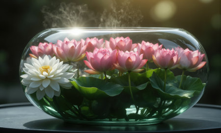 Heavenly Breeze (Lotuses Lilies Freesias) shallow, bowl-shaped vase with pale turquoise water, holding a serene bouquet of pinkの素材