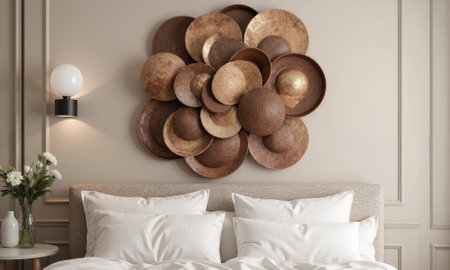 A mocha mousse-colored textured ceramic wall hanging, designed with overlapping circular patterns. The glossy finish of the ceramics catchesの素材