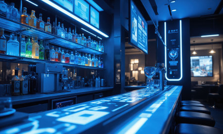 Tech-integrated home bar in electric blue, featuring AI-driven drink dispensers that suggest cocktails based on personal tastes and mood,の素材