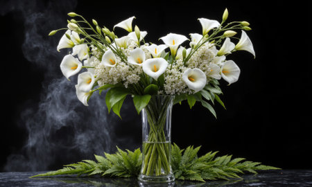 Moonlit Romance (White Calla Lilies Orchids Ferns) tall, thin vase with shimmering silver water, holding a moonlit bouquetの素材