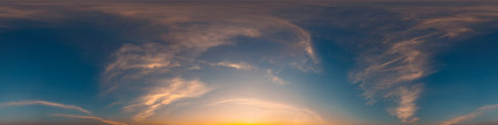 Sunset sky with bright glowing pink Cirrus clouds. Seamless spherical HDR 360 panorama. Full zenith...