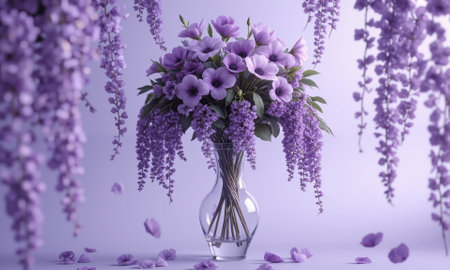 Mystic Aura (Anemones Irises Wisteria) tall, hourglass-shaped vase with water tinted deep purple, holding a dramatic arrangementの素材