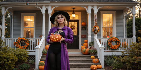 A woman in a vintage Halloween costume, complete with a long flowing cape and a classic witch hat, stands on the stepsの素材