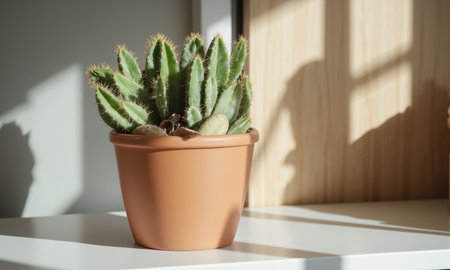 A bright green cactus in a simple terracotta pot, sitting on a windowsill with the sunlight casting sharp, angular shadowsの素材