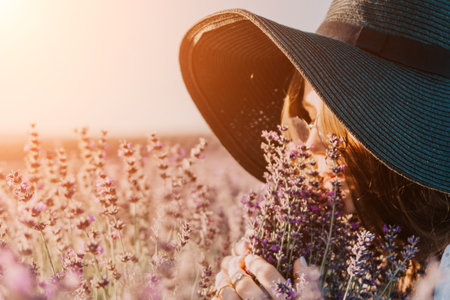 Woman in a Wide-Brimmed Hat Inhaling Lavenderの写真素材