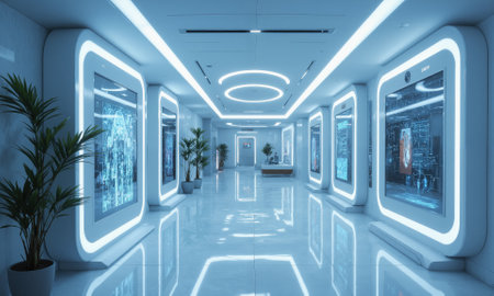 Futuristic hallway in ice blue, with motion-activated lighting that adjusts as people pass by and smart mirrors that provide personalizedの素材