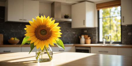 A freshly bloomed sunflower with its petals wide open, vibrant yellow against a rich green stem, standing tallの素材