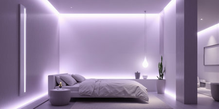 Minimalist bedroom in misty lavender with AI-controlled temperature regulation and self-adjusting smart beds that improve sleep quality based on theの素材
