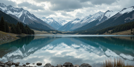 Snow-Capped Mountains with a Tranquil Lake Below A quiet, serene lake sits at the foot of snow-capped mountains. The crispの素材