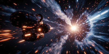 Cosmic Dust Collision Spectacular visualization of interstellar particles colliding in deep space, sending luminous clouds of cosmic matter expanding outwardの素材