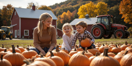 A cheerful farm scene where a woman and her children gather pumpkins from the field, laughing and enjoying the crisp autumn air.の素材