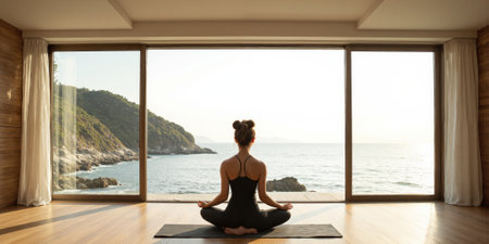 Yoga Meditation Woman Sea View Sunrise Home Woman meditating lotus pose sea view sunrise from home windowの素材