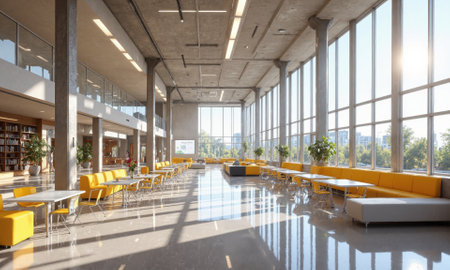 Library Lobby Interior Design Sunlight Modern Building Yellow Furnitureの素材