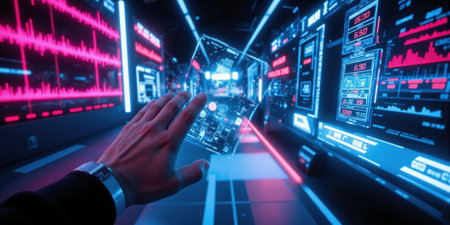 Holographic Cyber Interface - A futuristic, interactive display of floating holographic screens and data panels, glowing with bright blueの素材