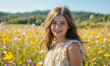 Girl Flowers Field: Summer Portrait, joyful young woman amidst wildflowers, outdoor sunny day.の素材