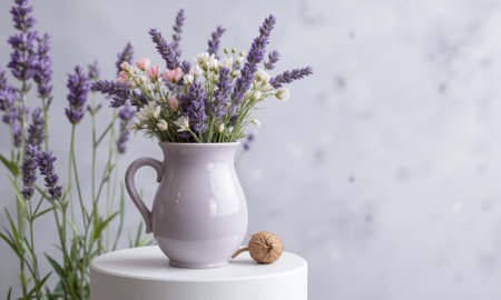 Gentle Blossom (Peonies Orchids Lavender) elegant, flared vase with water tinted faintly in lavender hues, holding a delicateの素材