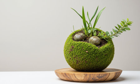 Moss Ball (Moosball, Kokedama style) Spherical moss-covered ball holding small plants like ferns or ivy, displayed on a flat woodenの素材