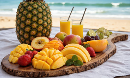 Tropical Fruit Platter, Refreshing Picnic, Summer Day A colorful tropical fruit platter with slices of mango, pineapple, and papaya, placed on a picnicの素材