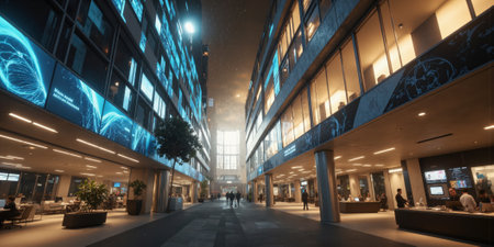 A smart office building with AI-managed systems that optimize workspaces for productivity and comfort, surrounded by abstract flowing shapesの素材