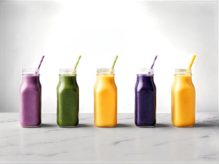 Glass bottles containing creamy peach (peach, mango), kale (spinach, avocado), purple berry (acai, blueberry), and yellow banana (banana, pineapple) smoothies,の素材