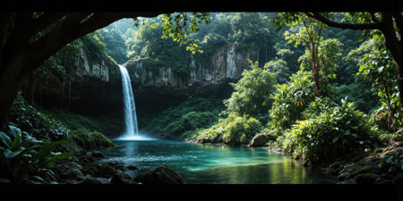 Waterfall Jungle Sunlight Cascading into Turquoise Pool in Green Forestの素材