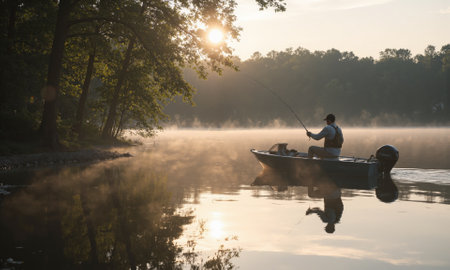 Fishing on the Lake, Tranquil Summer Morning, Fresh Air A calm morning scene on a serene lake with a fisherman in a smallの素材