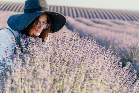 Woman in a Lavender Fieldの写真素材