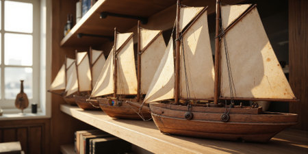 A set of vintage wooden sailing boats lined up on a weathered wooden shelf, their sails gently fluttering in anの素材