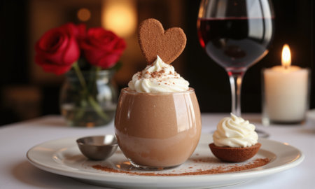 A romantic Valentines Day evening at a bistro, featuring a chocolate mousse dessert garnished with whipped cream and dusted cocoaの素材